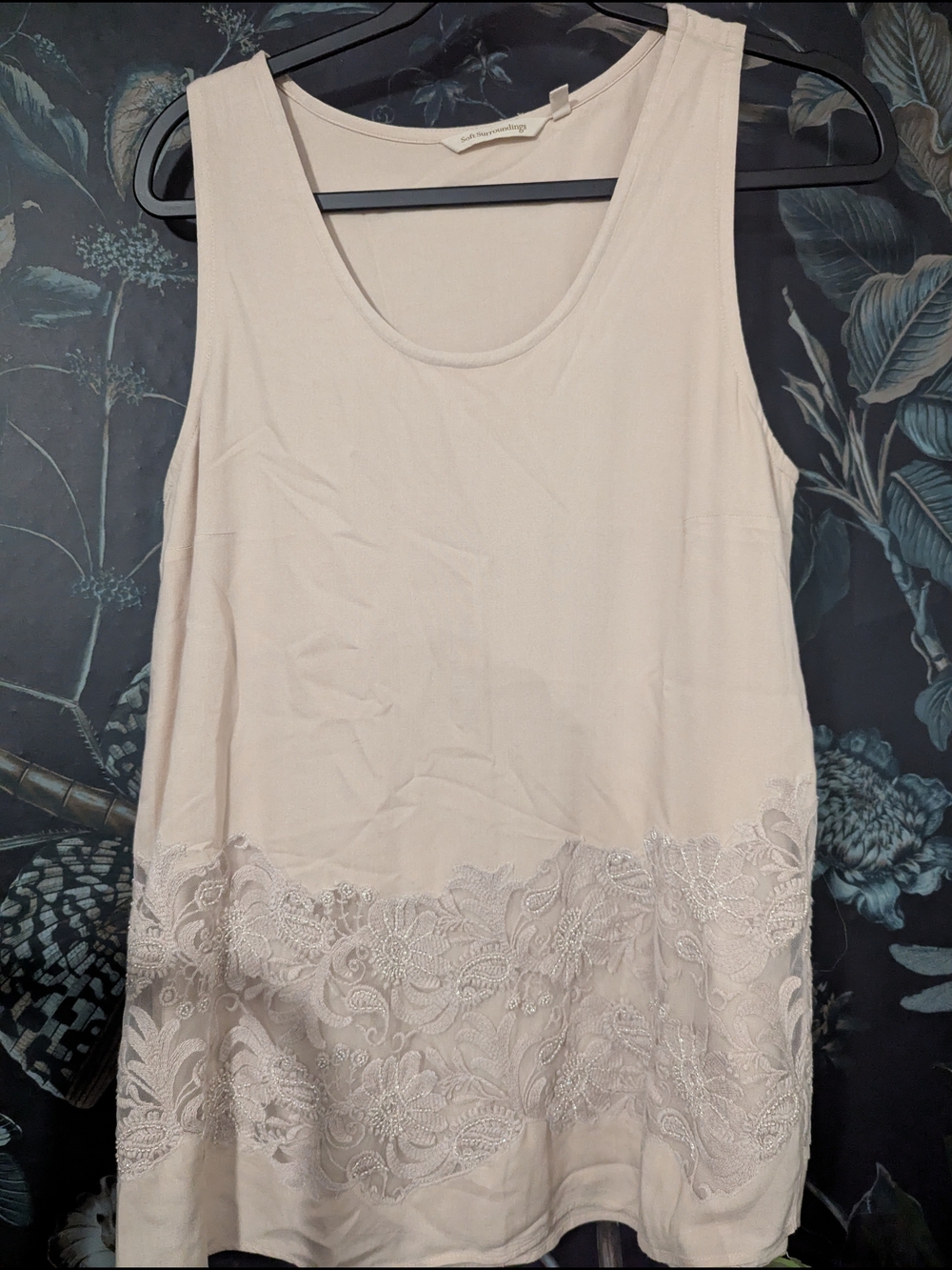 Floral Embroidered Beaded Lace Trim Mini Tank Dress Tunic Sz S